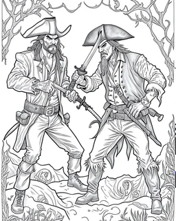 Pirates of the Caribbean: Dueling Pirates Coloring Challenge: Create an action-packed coloring page inspired by the Pirates of the Caribbean movie, featuring a dramatic scene with two pirates engaged in a thrilling sword duel. Capture the intensity of the battle with dynamic poses and expressions, providing ample space for young artists to color the characters and their surroundings in black and white. This coloring challenge invites kids to infuse their creativity into the high-stakes world of