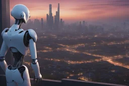 Humanoid robot looking out over an alien town skyline at dusk