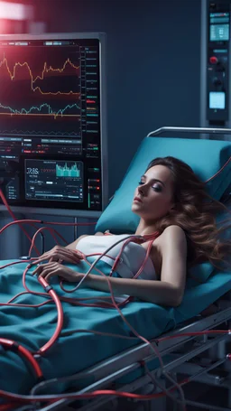 photorealistic hyperdetailed young woman lying on a hospital bed with a heart monitor and tubes attached