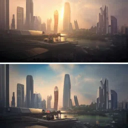 Singapore's iconic skyline in star wars, 8k resolution concept art portrait by Greg Rutkowski, Artgerm, WLOP, Alphonse Mucha dynamic lighting hyperdetailed intricately detailed Splash art trending on Artstation triadic colors Unreal Engine 5 volumetric lighting, photorealistic