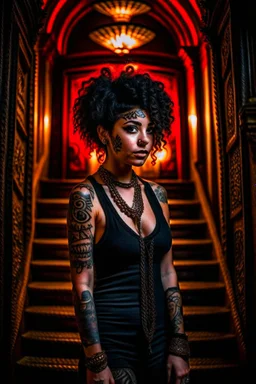 scarred cyberpunk vampire girl with tribal tattoos short curly dark cyberpunk hair descending the staircase in decaying dark mansion on fire