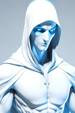 Male Anti-Hero dressed in a white superhero suit with a white cowl covering his face. Thin and lean build with a seductive look. His eyes are a beautiful shade of blue.