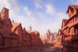 hyper realistic oil painting of a medieval city, houses made out of red stone, houses made out of white stone, hyper detailed, high contrast, bright, summer, blue skies, by greg rutkowski, trending on artstation