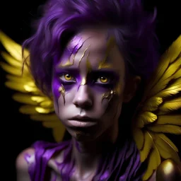 Purple skinned human with purple wings and golden eyes, scared, young, female, teary