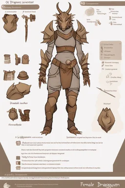 a female dragonborn inventor OC reference sheet, lightly armored