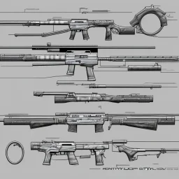 Full Blueprint sketch of modern rifle with full stock and scope