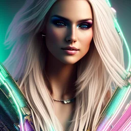 A beautiful portrait of a cute smiling cyberpunk woman, long blond hair, high key lighting, volumetric light high details with white stripes and feathers and pink celtic paterns and luminous glasses in a starry background