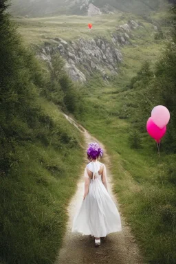 A beautiful girl walking along a mountain path, walking against the wind with balloons in her hand. nature, HD photography, Galen Rowell, David Muench, perfect composition, gloss, hyperrealism