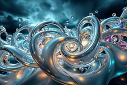 Dynamic complex hypnotic fractal 3D structures horizontal Symmetry twisting and morphing between organic and geometric forms , smooth translucent iridescent glass with inner glow and bubbles, varied transparent materials, stormy skies, intense dramatic