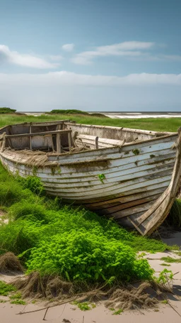 An abandoned old boat damaged and covered with see weeds on the beach , half of it buried in the beach sands