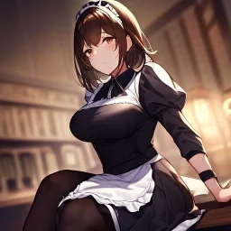 Clear focus, High resolution, girl wearing a maid outfit, medium length dark brown hair, sitting down, angry, wearing a medium skirt