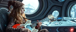 gandalf as young woman guitar acoustic banger performance, instrumental, celtic, georgian, gypsy jazz, back on track portrait of space captain gnome lich, , priest psycho, in cockpit, celtic knot hollow tube transparent core ornate indented space ship, shiny bright mega ship flourescent white blue like bubble gum with a few big windows and decks,