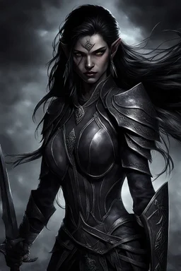 SA female elf with skin the color of storm clouds, deep grey, stands ready for battle. Her long black hair flows behind her like a shadow, while her eyes gleam with a fierce silver light. Despite the grim set of her mouth, there's a undeniable beauty in her fierce countenance. She's been in a fight, evidenced by the ragged state of her leather armor and the red cape that's seen better days, edges frayed and torn. In her hands, she grips two daggers, add dark shadow mystic purple flames