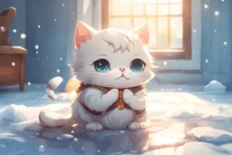 cute chibi thankful cat praying in an icy room in sunshine