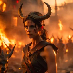 a dark haired tiefling woman with horns in a sleeveless battle outfit, a face like emma watson, amidst town ruins with fires burning, photo quality