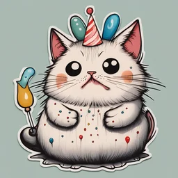 fat pouting fluffy cat celebrating birthday, fine color ink illustration, by Gary Baseman, colorful, adorable, interesting, maximal, make it as a sticker