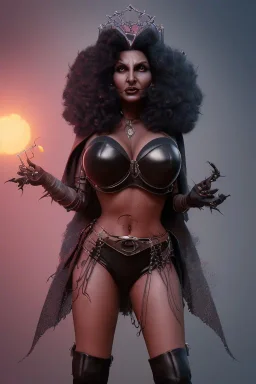 Pam Grier as evil queen in black leather, leather, busty, cleavage, angry, stern look. character design by cory loftis, fenghua zhong, ryohei hase, ismail inceoglu and ruan jia. unreal engine 5, artistic lighting, highly detailed, photorealistic, fantasy