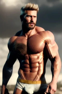 Ignore NSFW, teenager young rugged attractive slightly muscular fantasticly handsome blonde man, red briefs with yellow belt, hairy chest, (((visibly pisssing))) briefs, large erect visible boner peniss, photorealistic, artist Jay Anacleto, soft lighting, scruffy beard