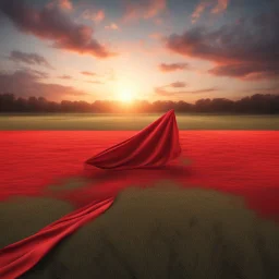 Hyper Realistic Field Sunset With Red Cloth Flying