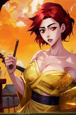 (Asian), short hair, fiery red hair hair, normal hands yukata, yellow clothes, 8k, best quality, winking, very dark night time, lighting from moon yellow moon, perfect, masterpiece, anime style, cartoon style,