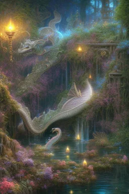 high-quality, fine-detail beautiful, dragon sleeping, flowers, clear reflective lake, tranquil, stunning, 8k resolution, intricate, digital art, detailed matte, volumetric lighting, George Grie, Anne Dittman, Anne Stokes, Lisa Parker, Selina French, Alphonse Mucha