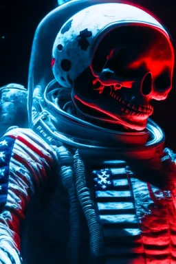 A close up of a skeleton face looking at the camera from a mysterious side view. Deep bony features and inside the hollow eyes are red shining lights, scary. Dressed in an astronaut suit floating in space. On his suit is an American flag and in his one hand is a small wavering American hand flag. From the back of his suit is blowing out blue, white and red smoke. Realistic, 8k, highly detailed, funny