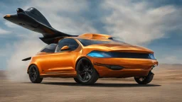 A national geographic award winning photograph of a military fighter jet station wagon wasp hybrid designed by volkswagen only one vehicle per image painted metallic orange traveling at a high rate of speed, jet intake off of front center of vehicle and jet exhaust out the rear with bright blue flame