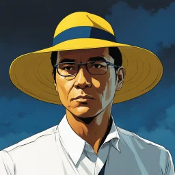 Gustavo Petro, comic style artwork, dark yellow, black and blue, wearing a wide-brimmed hat, wearing a white shirt, calm, serious and thoughtful