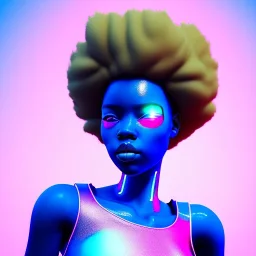 afro black woman teenager, few freckles, padded coat, retro futuristic, latex dress, gradient color, BLUE, PINK, CYAN, neon, insanely detailed, 16k resolution, perfect eyes, cinematic smooth, intricate detail