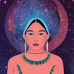 subtle delicate indigenous woman in a galactic ambiance