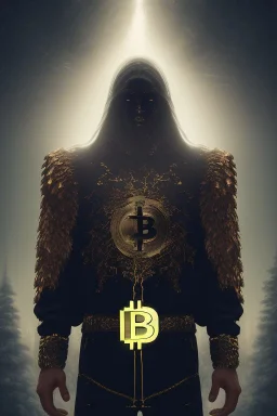 running berserker portrait , no face, black jogging suite , in the night Alps , holding bitcoin , angels background, volumetric gold light, high detail, dark leaf tree, dark mountains in background, perfect