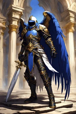 Fallen angel, black feathered wings, battle damaged paladin armor, helmet, royal blue loincloth, white and gold armor, sword of light, ruined chapel location, floating above ground