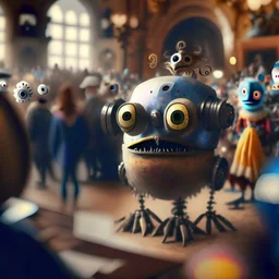 10 crazy chatbot creatures, in the internet web, in the style of Jan Steen combined with Hendrick Avercamp, blurred people in the background, shallow depth of field, where only some elements in the image are in sharp focus –ar 2:1