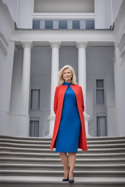 Powerful classical portrait of a modern blonde politician in her late 50s wearing a blue dress standing in a powerful position a little zoomed out