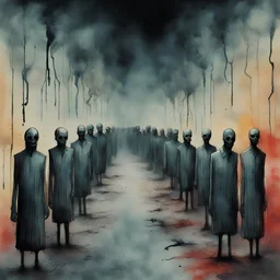 malignancy of nightmares, cool creepy colors, depicting a fear of being alone and a faceless face assembly line, Misery index, Style by Isaac Cruikshank and Ray Johnson and VS Gaitonde, surreal horror art, watercolor and ink, wet sponge effect, nightmarish, dynamic composition, dark color burn, based on the imagery of Zdzislaw Beksinski