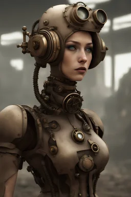 hyper realistic, steampunk, female robot, in a wasteland