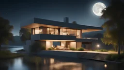 beautiful house, perfect architecture, style Le Corbusier, rural environment, night, moon, stars, volumetric lighting, trees, river, distant mountains, award-winning photograph, photorealism, superb details, light and shade, beautiful composition, arts-and-crafts, attractive, peaceful, exquisite
