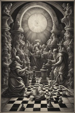 In the depths of the mind, God and the Devil engage in a timeless chess battle. God, wise and serene, faces the cunning and mischievous Devil. The chessboard, a masterpiece of cosmic art, holds the weight of eternity. Both players strategize, their thoughts intertwining with the fabric of existence. The Devil laughs with malice, testing God's resolve. God smiles with compassion, revealing a wisdom forged in eons. Their hands move, shifting the tapestry of existence. The battle symbolizes the ete