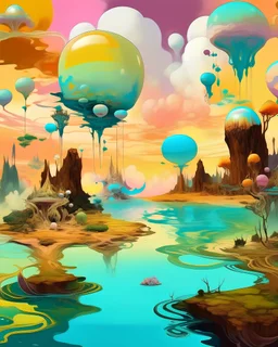 A digital artwork showcasing a surreal dreamscape of floating islands in a pastel-colored sky. Each island is home to unique, whimsical creatures, and a river of liquid gold flows between them. The atmosphere is one of wonder and imagination, with a hint of the fantastical. The painting is created using vibrant, dreamlike colors, blending elements of Salvador Dali and Hayao Miyazaki, Digital painting with bold, ethereal brushstrokes.