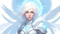 Generate a dungeons and dragons character portrait of the face of a female cleric of peace aasimar that looks like an angel with snowcolored hair. She has glowing blue eyes and is surrounded by holy light and has Angel wings. She is an halfling. She looks young, cute and beautiful. She seems kind but there is an dark urge inside of her. She is depressed and is a crazy. She went mad because the world is bad.