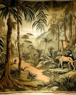 A tan dry prehistoric jungle designed in cave paintings painted by Alfred Sisley