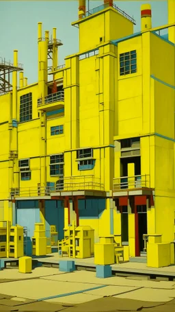 A yellow factory with sprocket drills painted by Stuart Davis