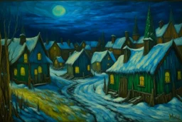 A dark blue snow covered Christmas themed Viking village painted by Vincent van Gogh