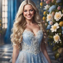 (best quality, 4k, 8k, highres, masterpiece:1.2), ultra-detailed, (realistic, photorealistic, photo-realistic:1.37),hyper realistic, full body gorgeous smiling 1woman,long hair,looking at viewer,realistic proportions,blue eyes,hair ornament,transparent lace dress,very long hair,flower,blonde hair,parted lips,necklace,white dress,blonde hair,lips,joyful pastel background,freckles,realistic,head wreath, pink flower,realistic portrait, dreamy fantasy landscape countryside,great pespective,crystal