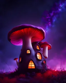 An asymmetrical mushroom house in the night sky. in space. Bright Bold Bright Colors, white purple red, Stark Dark background. Detailed Matte Painting, deep color, fantastical, intricate detail, splash screen, hyperdetailed, insane depth, Fantasy concept art, 8k resolution, trending on artstation, Unreal Engine 5, color depth, Deep Colors, backlit, splash art, dramatic, splash art Style. High Quality, Painterly, Whimsical, Fun, Imaginative, Bubbly, good detail, perfect composition,