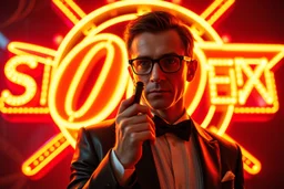 bob saget as james bond the spysex coin multi color neon sign, ultimate psychedelic beauty, wide angle