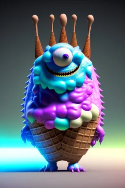 Big ice cream monster, smile, happy, gradient color fog. highly detailed, concept art, unreal engine 5, ray tracing, RTX, lumen lighting, ultra detail, volumetric lighting, 3d, finely drawn, high definition, high resolution.