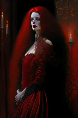 In the foreground there stands a stunning American woman whose visage is adorned with a full sumptuous coat of red lipstick and her long flowing locks are a deep and rich shade of darkness Her garment is an elegant and refined medieval evening gown the hue of which skews towards a bewitching shade of red and its texture is that of a fine and delicate lace Behind her the setting is a warm and inviting space illuminated primarily by the soft flickering glow of candles and punctuated by the presenc