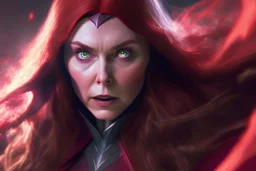 Wanda Maximoff, mulher, cabelos ruivos, olhos vermelhos brilhantes, de lado destruindo algo com sua magia vermelha, traje da feiticeira escarlate, dramatico, 4k render, imagem cinematográfica. Cores frias,