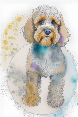 abstract watercolour of a cockapoo dog’s head in the style of Valerie Davide with bifurcated circles and pencil lines